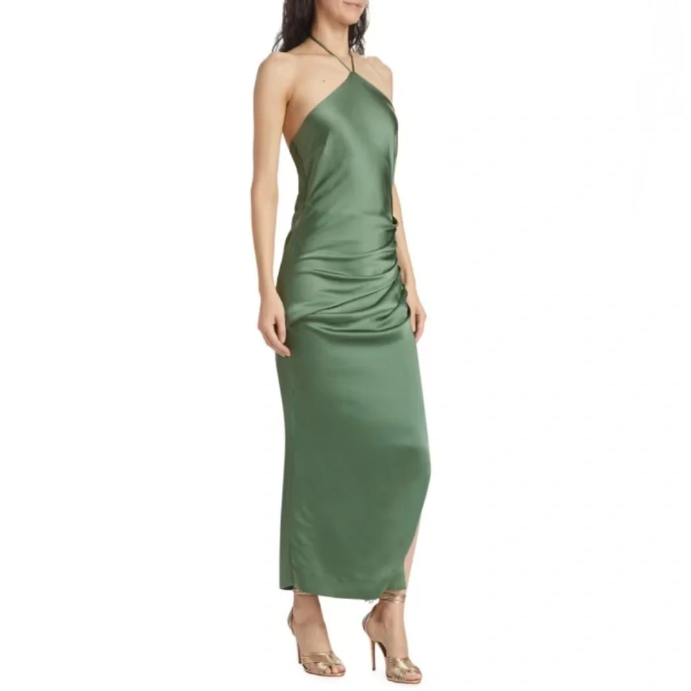 SIMKHAI Hansel Ruched Satin Halterneck Gown